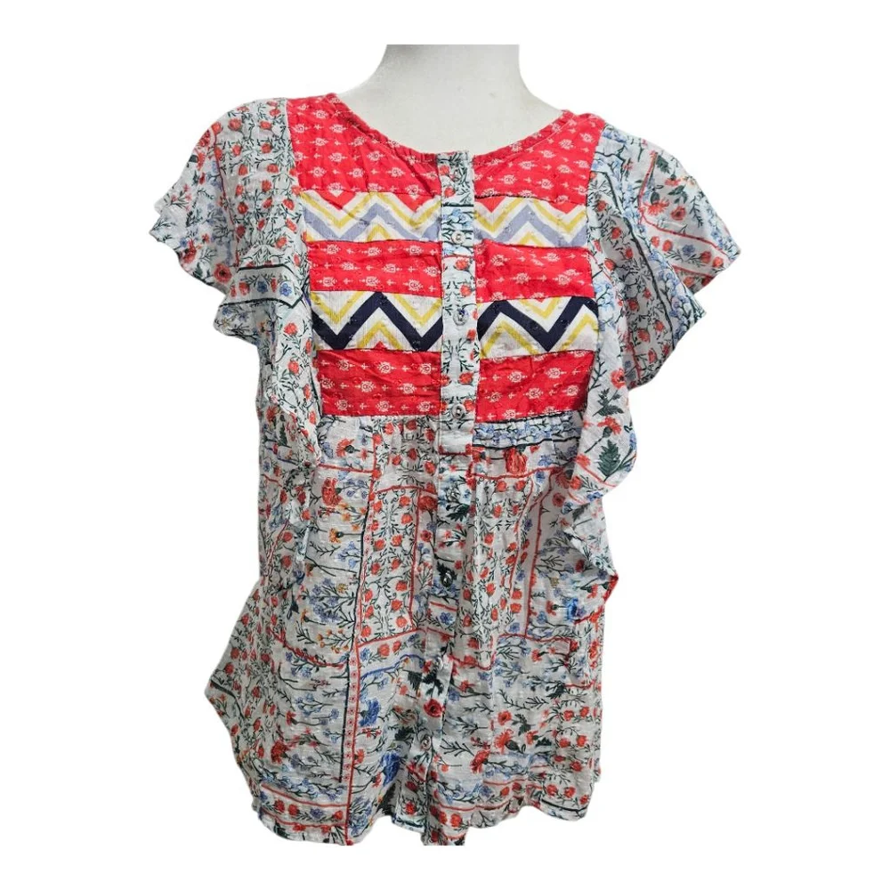 Anthropologie Let Me Be Patchwork Boho Floral Button Down Top Sz 4 - Picture 2 of 5